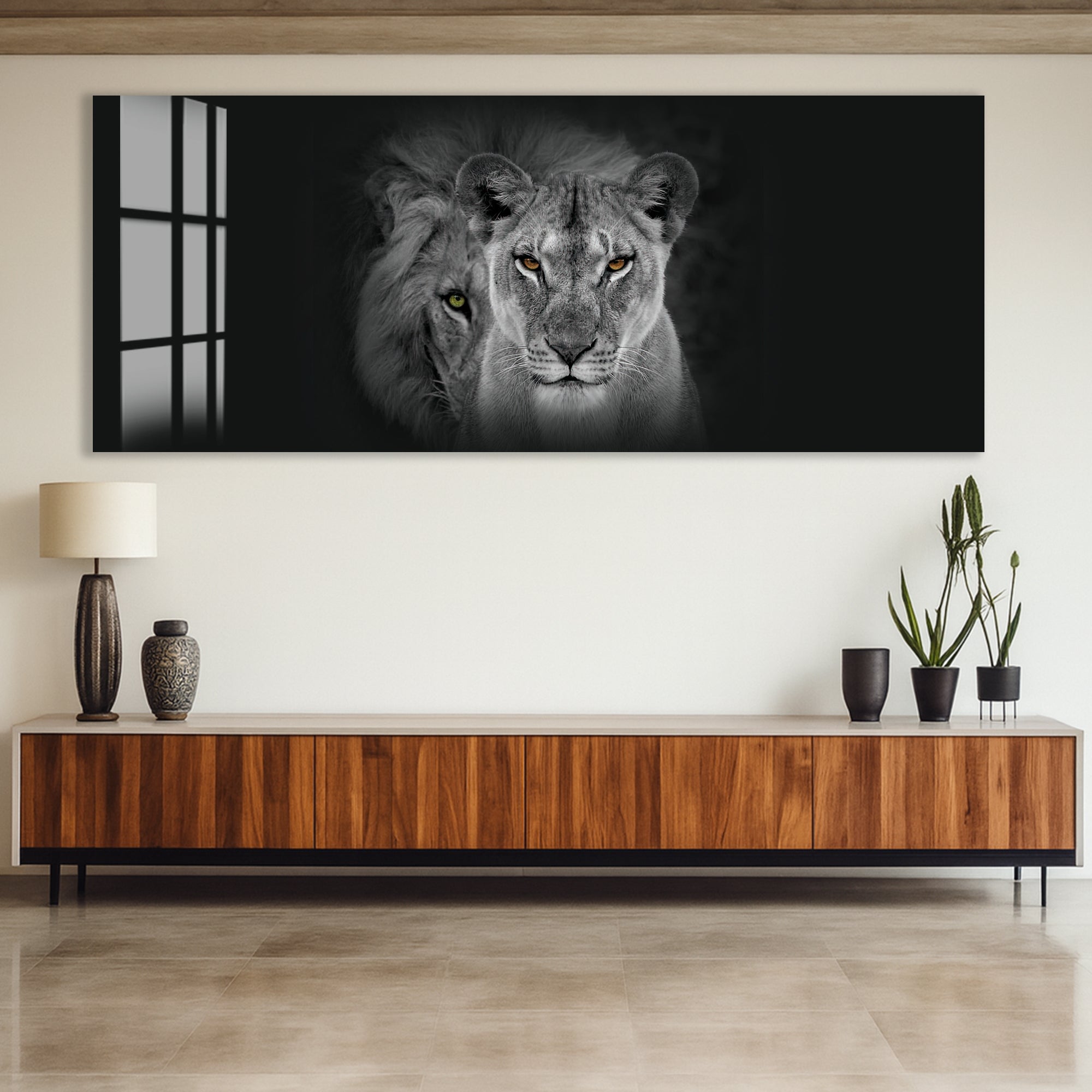 Majestic Lion and Lioness Glass Wall Art – Powerful Animal Decor for Modern Interiors