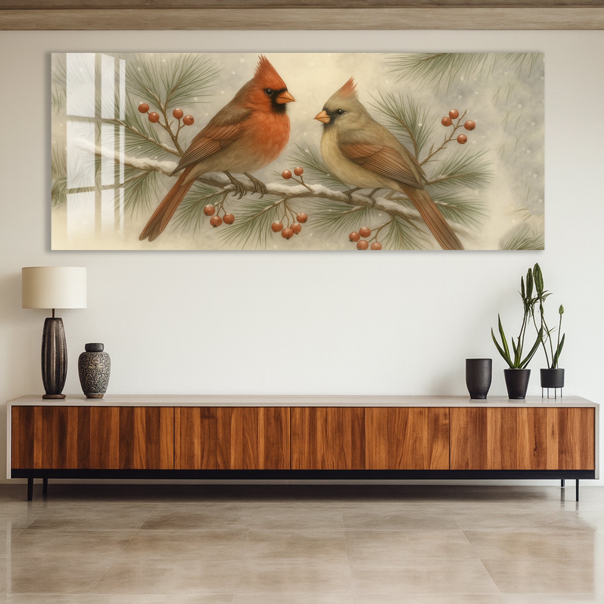 Cardinal Birds Glass Wall Art – Elegant Nature-Inspired Home Decor