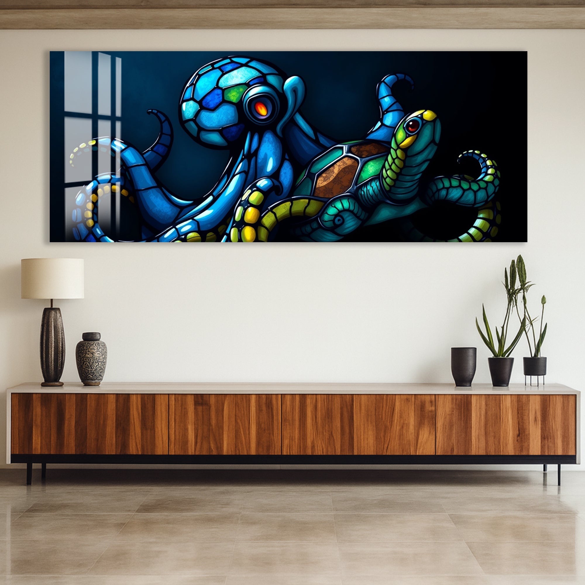 Octopus and Turtle Glass Wall Art – Vibrant Ocean-Inspired Animal Design