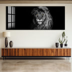 Majestic Lion Glass Wall Art – Powerful Black and White Animal Portrait