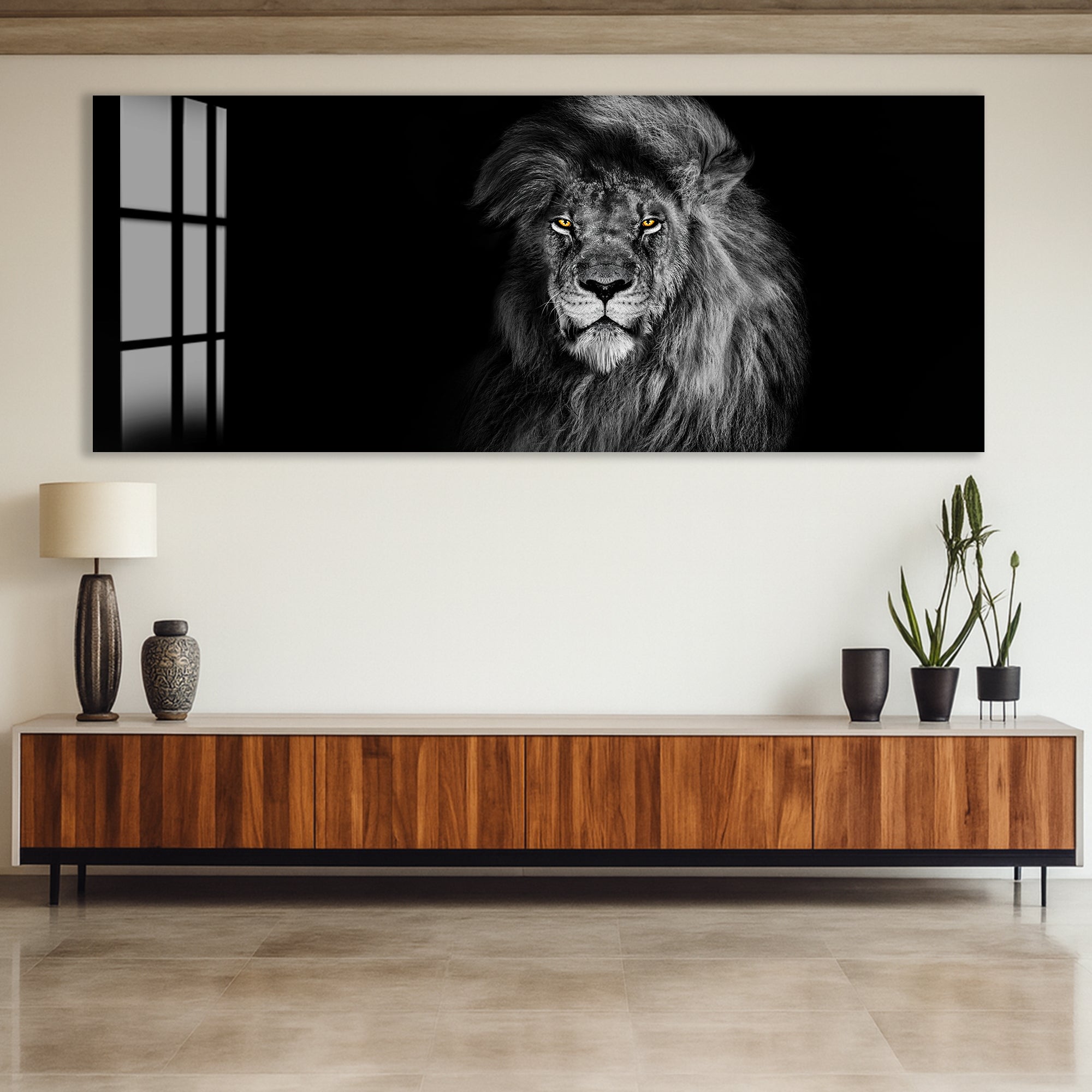 Majestic Lion Glass Wall Art – Powerful Black and White Animal Portrait