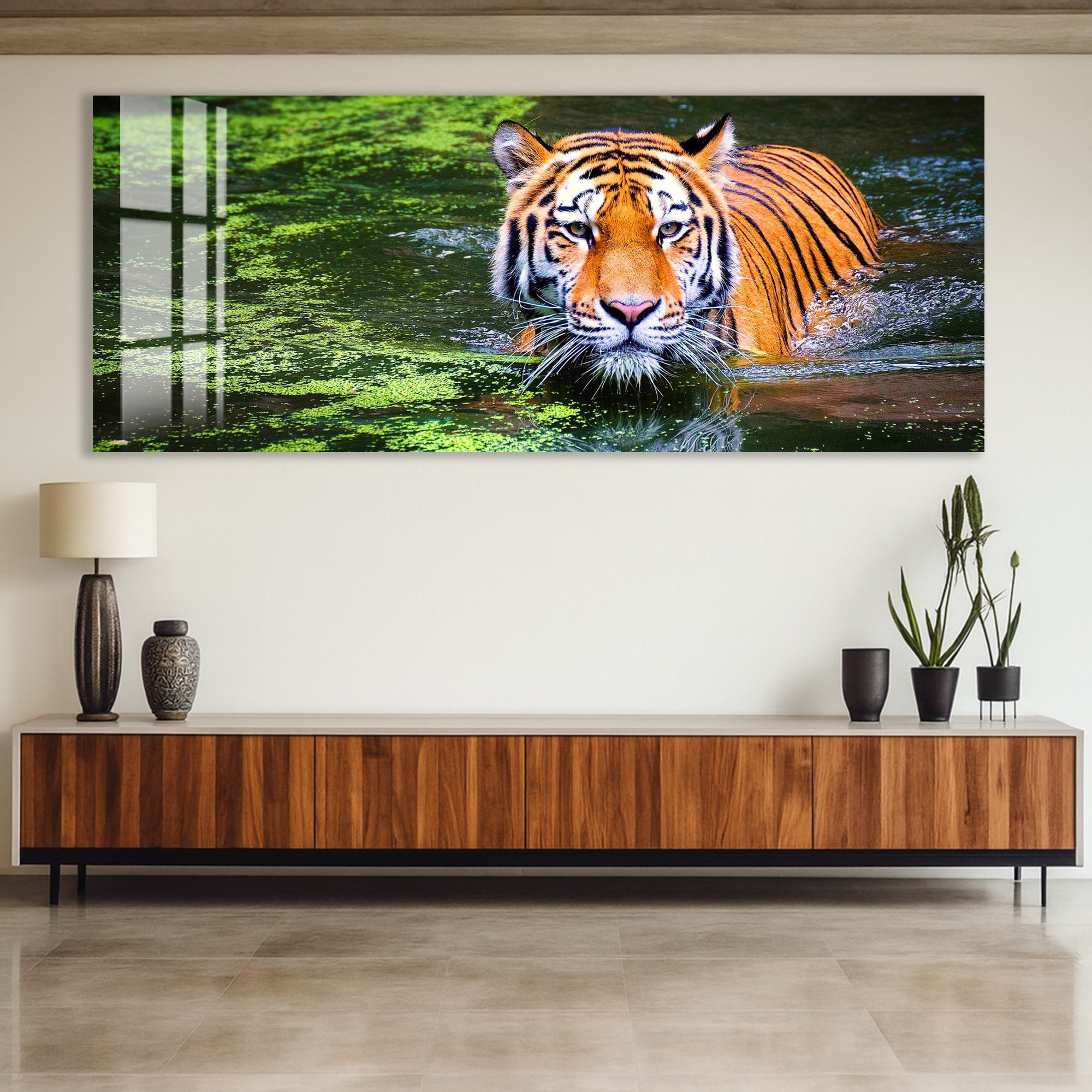 Tiger in Water Glass Wall Art – Powerful Wildlife Animal Print for Modern Decor