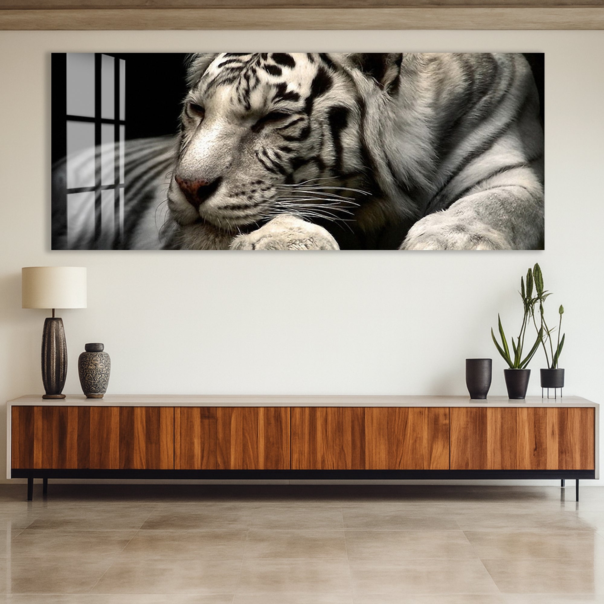White Tiger Glass Wall Art – Elegant Wildlife Animal Print for Modern Interiors