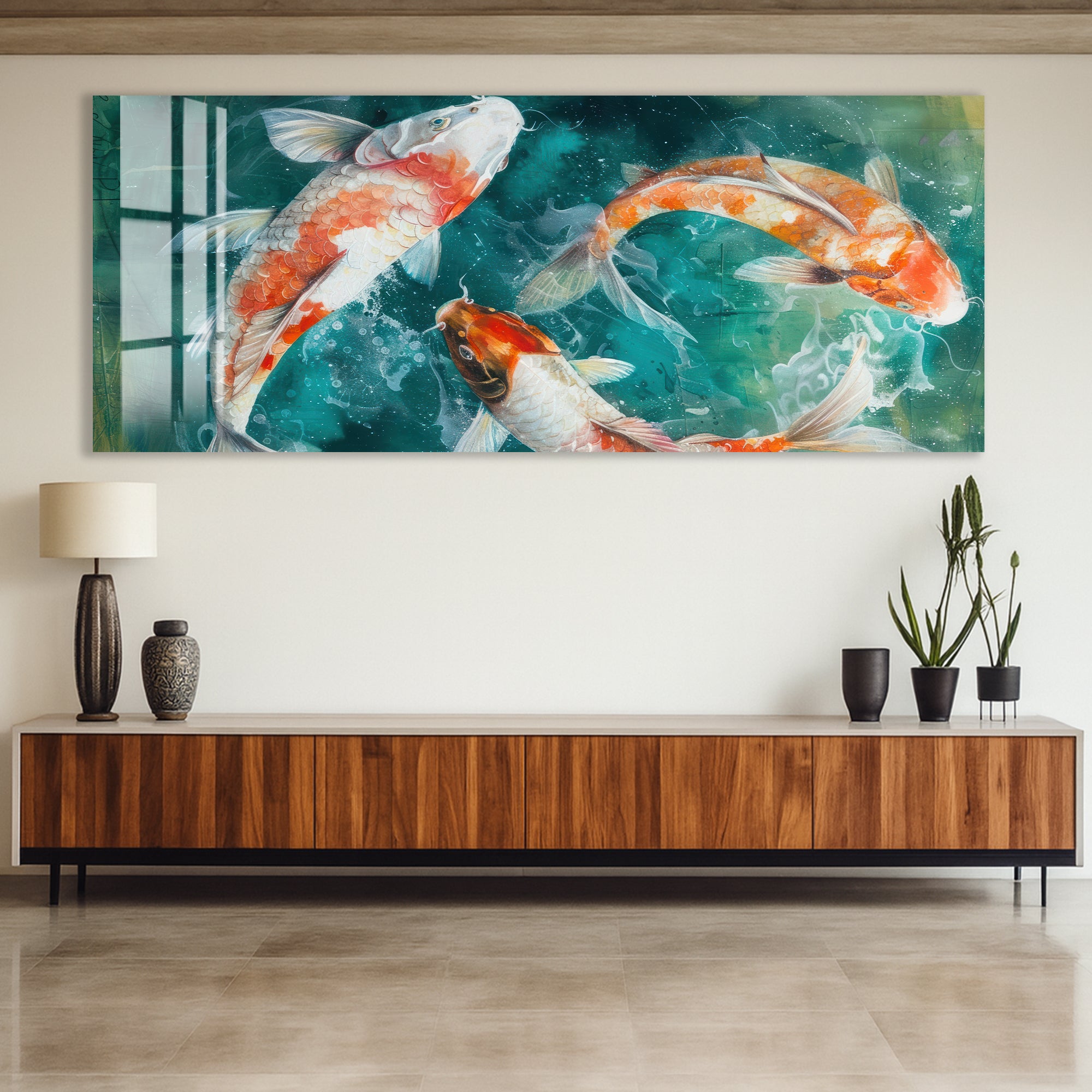 Elegant Koi Fish Glass Wall Art – Modern Japanese Inspired Animal Decor