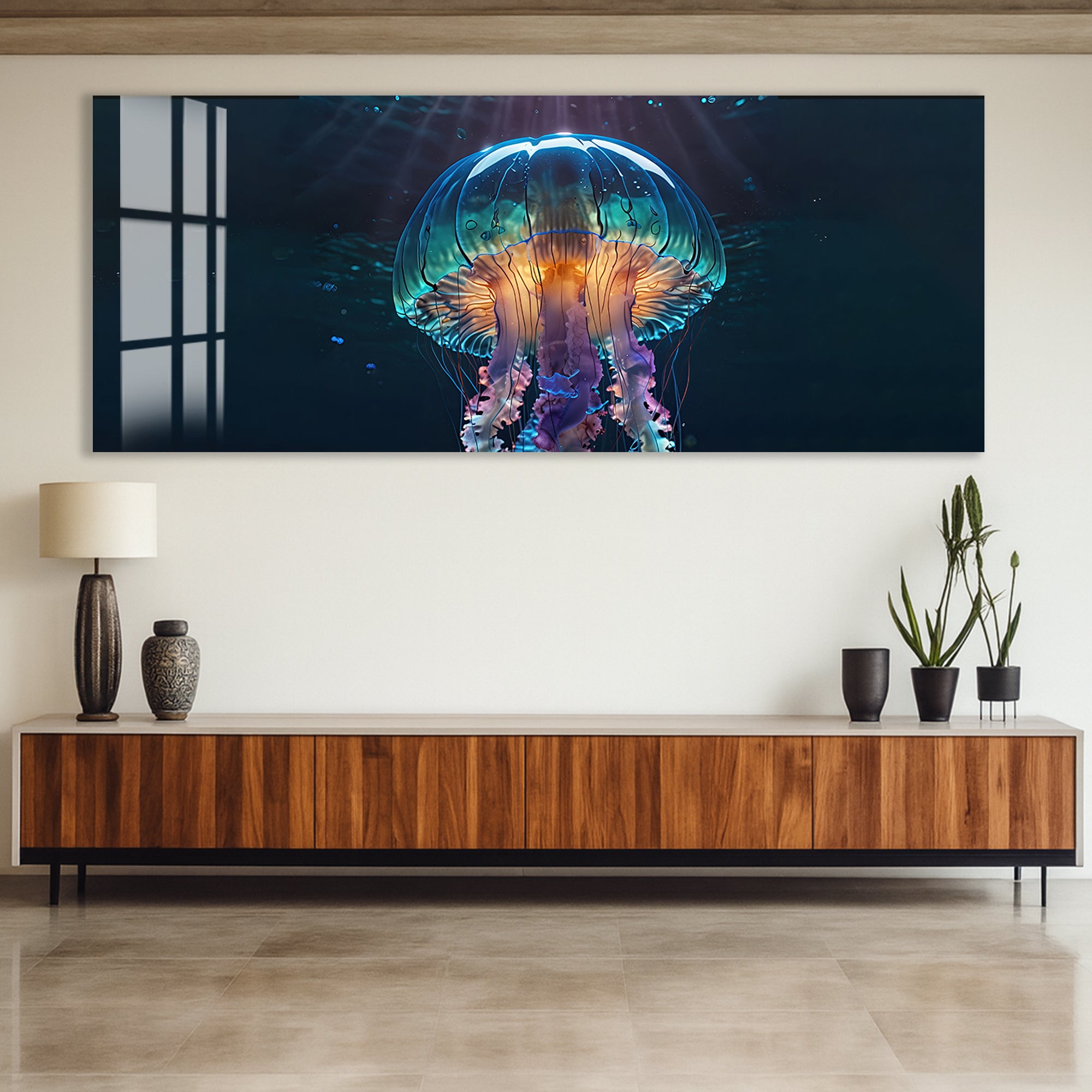 Glowing Jellyfish Glass Wall Art – Elegant Ocean-Inspired Animal Decor