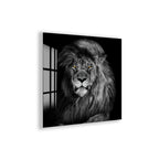 Majestic Lion Glass Wall Art – Powerful Black and White Animal Portrait