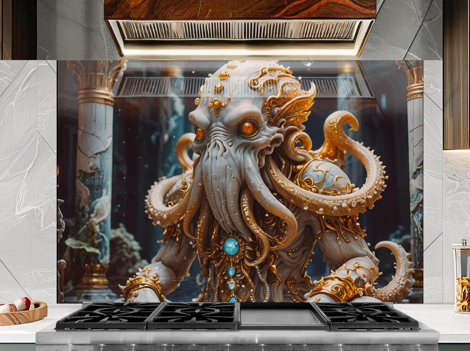 a large, detailed, and intricate depiction of a fantastical creature with an elephant-like body, gold accents, and a large headdress. The creature is positioned in the center of the image, surrounded by a dark, mysterious background.