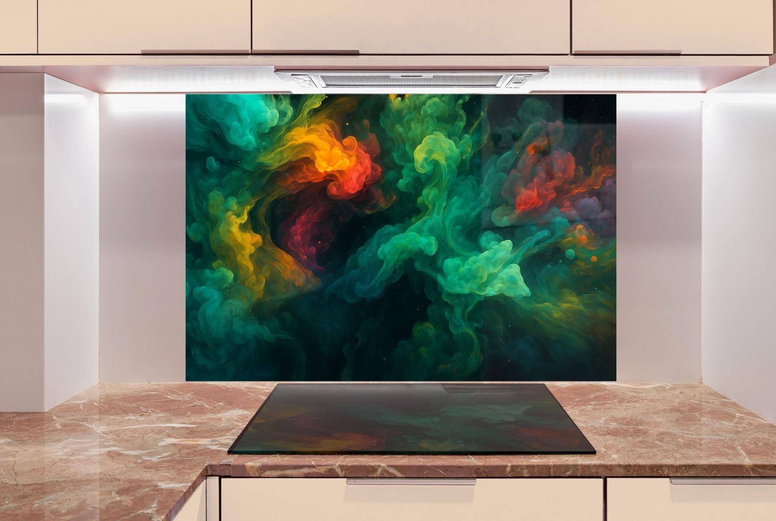 an abstract painting is displayed in a kitchen