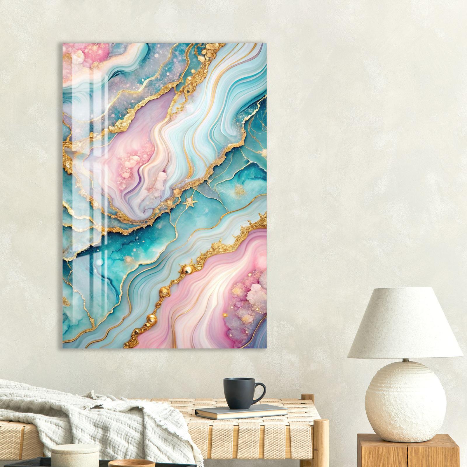 a vibrant abstract painting with swirling patterns in shades of blue, pink, and gold, hanging on a wall above a wooden table with a lamp and a coffee cup.