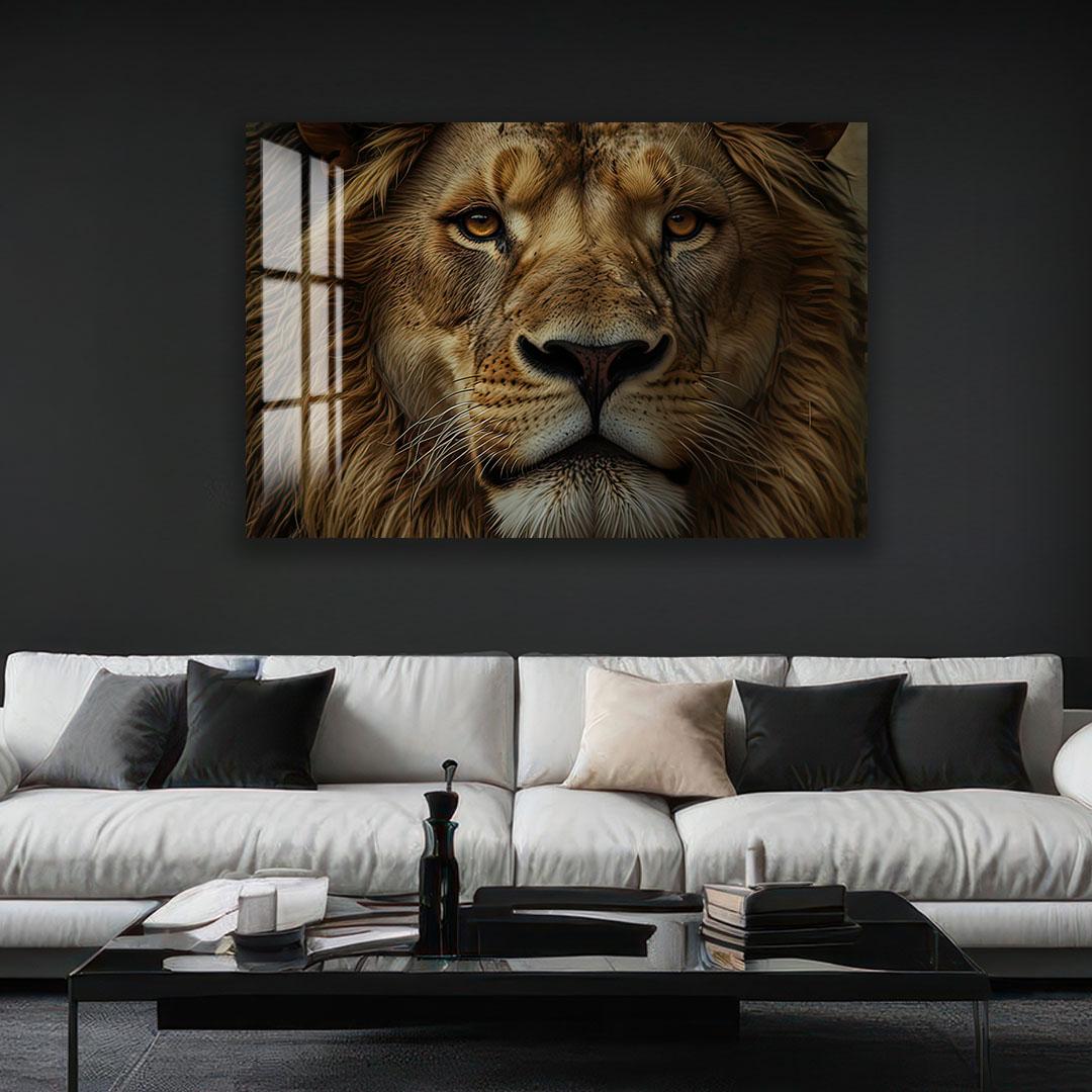 a large, close-up photograph of a majestic lion's face, mounted on a wall above a modern, minimalist living room setting with a white sofa and a glass coffee table.