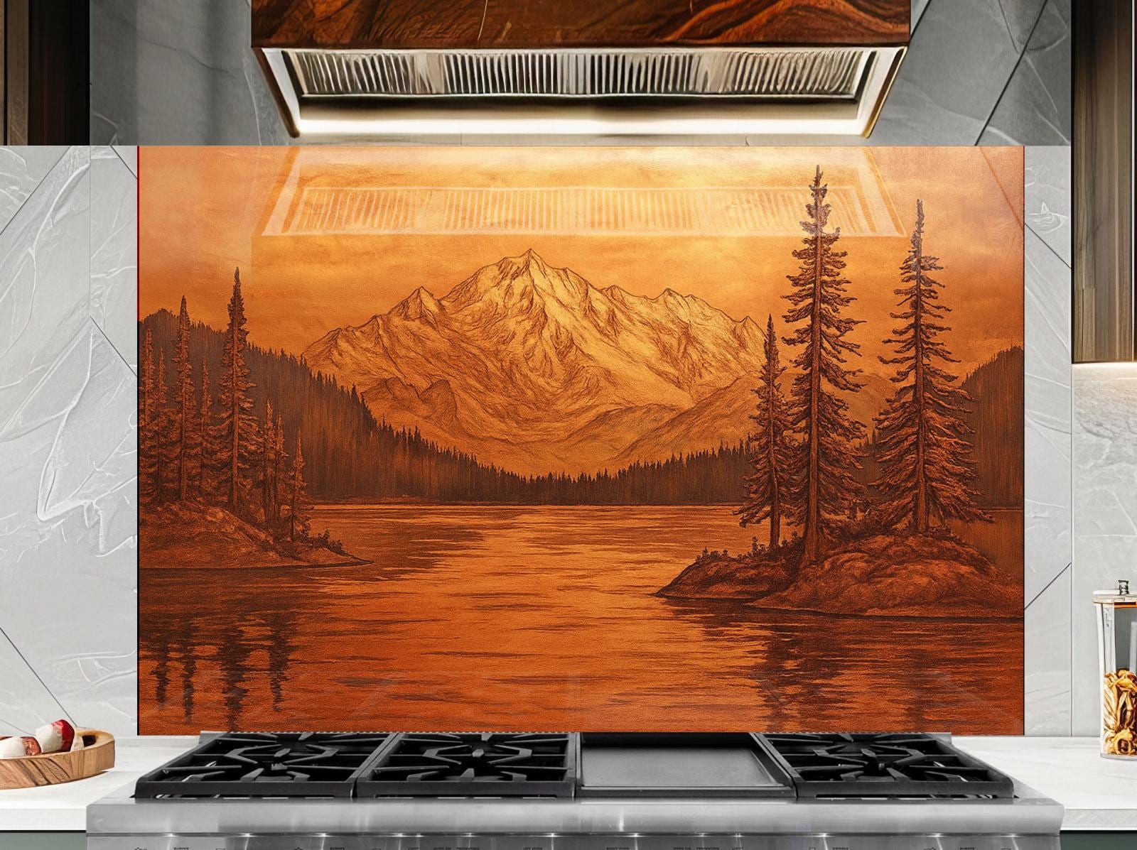 a large, detailed painting of a mountain landscape with a lake in the foreground, set against a warm, orange-toned background.