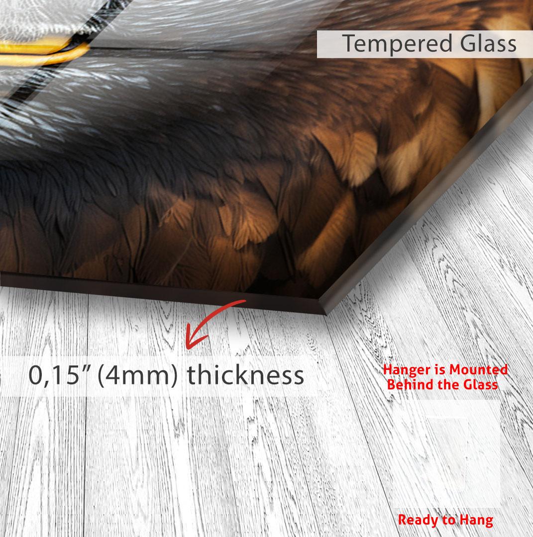 The image is a close-up of a bird's feathers, with a text overlay indicating that the glass is Tempered Glass and that the frame is 0.15" (4mm) thick.