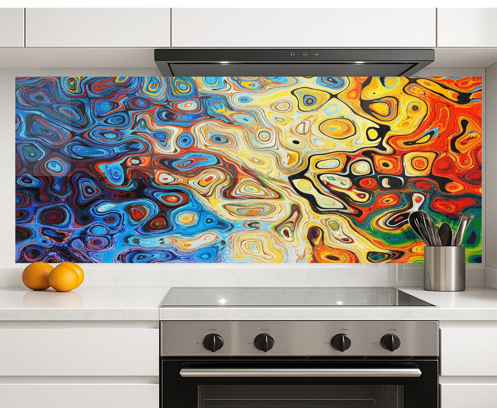 a vibrant, abstract painting with swirling patterns of blue, orange, yellow, and red colors, creating a dynamic and energetic visual effect. The painting is displayed on a wall above a kitchen stove, which has a stainless steel oven and a silver pot on the countertop.