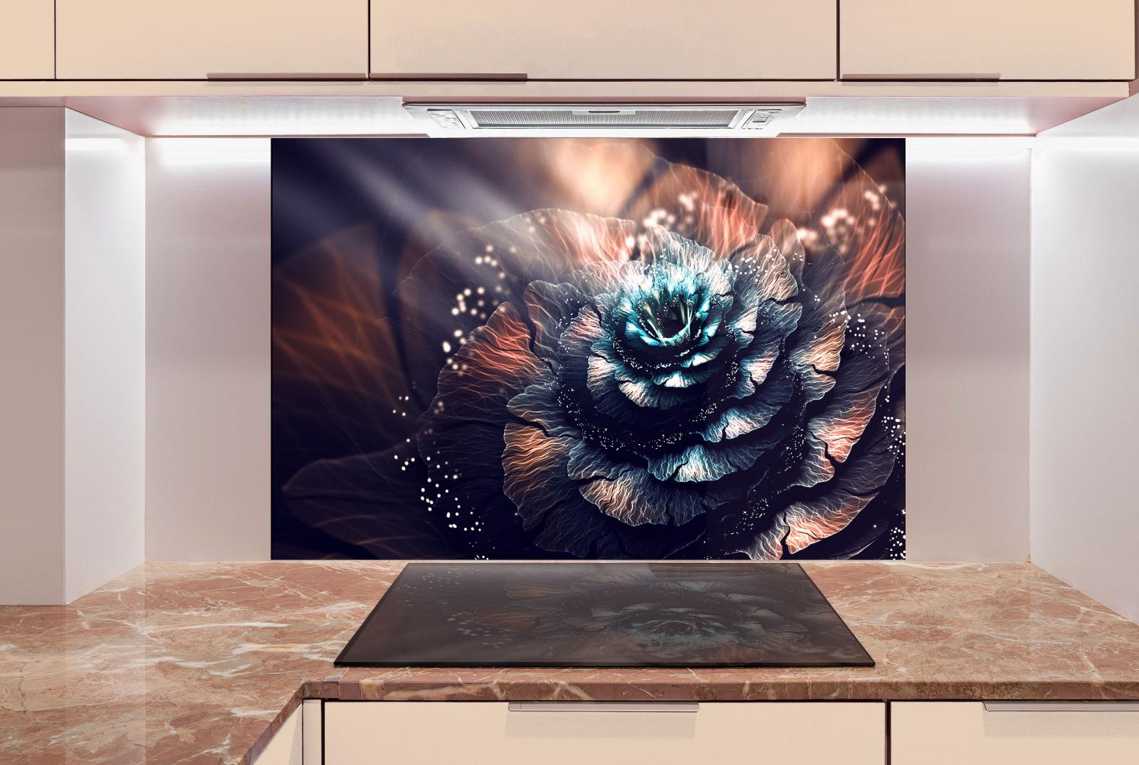 a large, colorful floral print displayed on a wall above a kitchen counter.