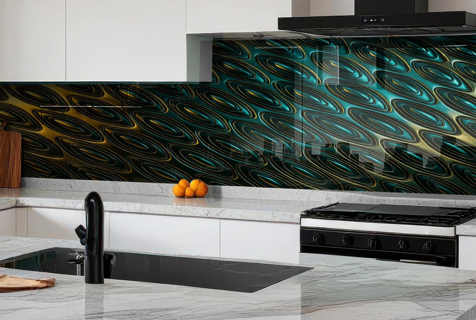 a kitchen with marble counter tops and a black stove top oven