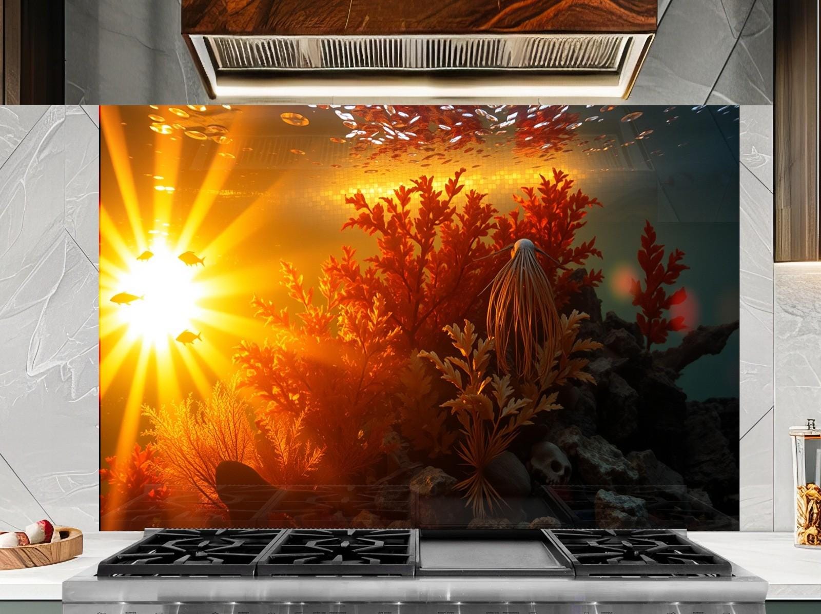 a picture of a fish in the water with the sun in the background