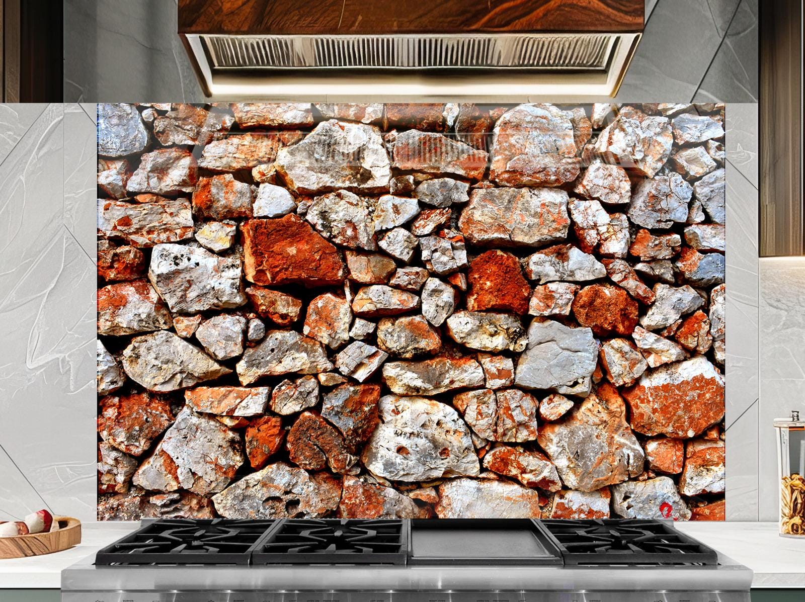 Close-up of natural rock texture backsplash panel.