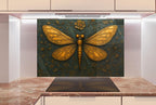 a large, ornate dragonfly design on a wall, with intricate details and patterns.