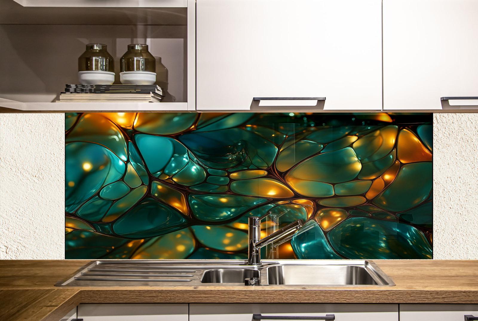 a kitchen counter with a sink and a painting on the wall