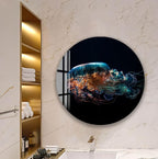 a large circular wall art depicting a jellyfish with a dark background and vibrant colors.