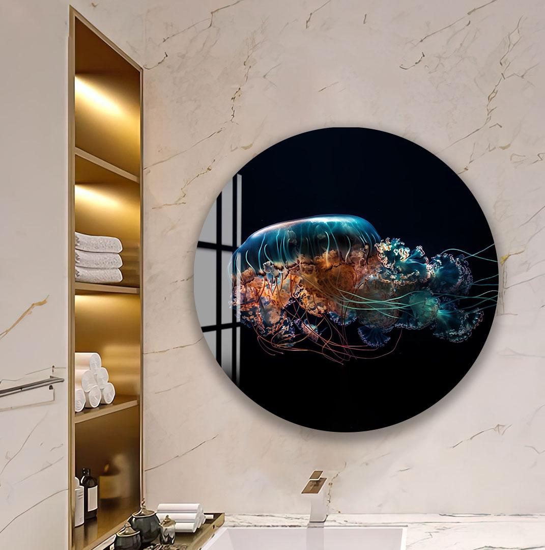 a large circular wall art depicting a jellyfish with a dark background and vibrant colors.