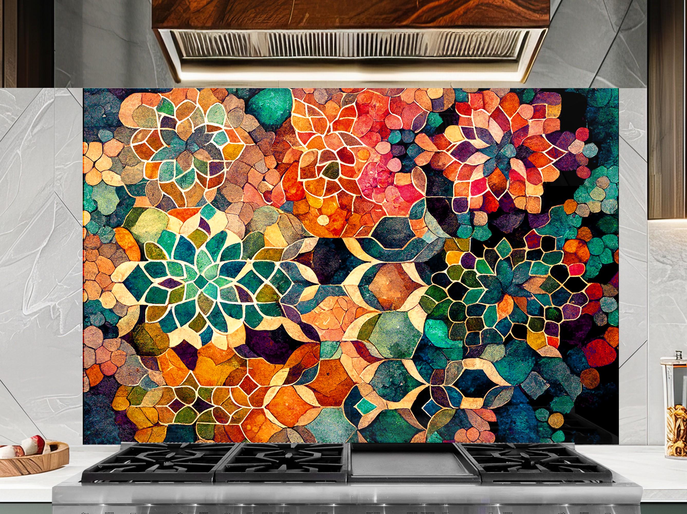 a kitchen stove top with a painting on the back of it