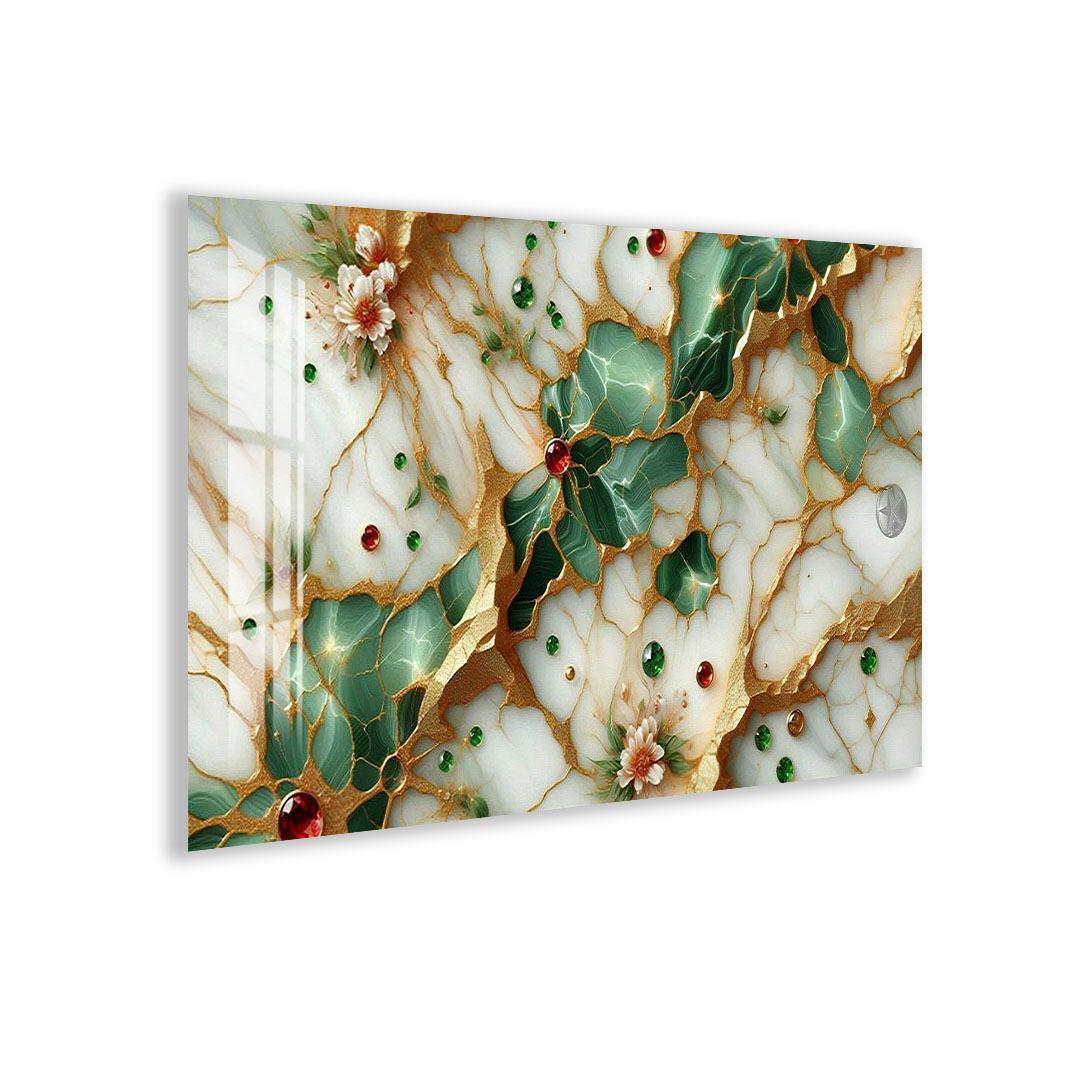 The image is a vibrant and intricate piece of art, featuring a striking pattern of green leaves and red flowers against a white background. The leaves and flowers are arranged in a way that creates a sense of depth and movement, while the white background serves to highlight the colors and patterns. The overall composition is visually captivating and draws the viewer&#39;s attention to the details and textures within the artwork.