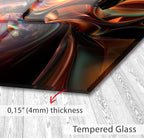 The image is a close-up of a glass surface with a textured, abstract design in shades of orange and red. The glass appears to be Tempered Glass, which is described as having a thickness of 4mm.