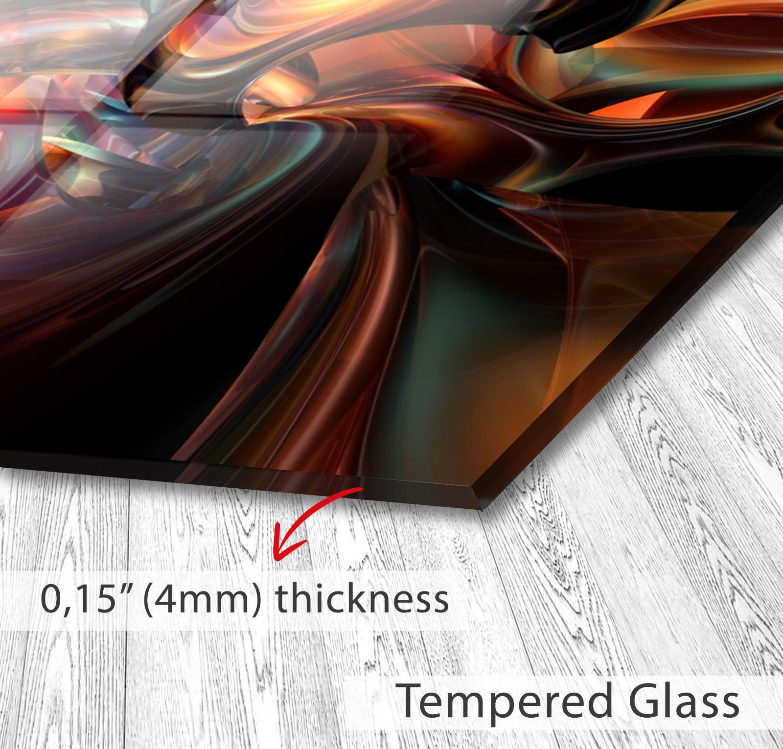 The image is a close-up of a glass surface with a textured, abstract design in shades of orange and red. The glass appears to be Tempered Glass, which is described as having a thickness of 4mm.
