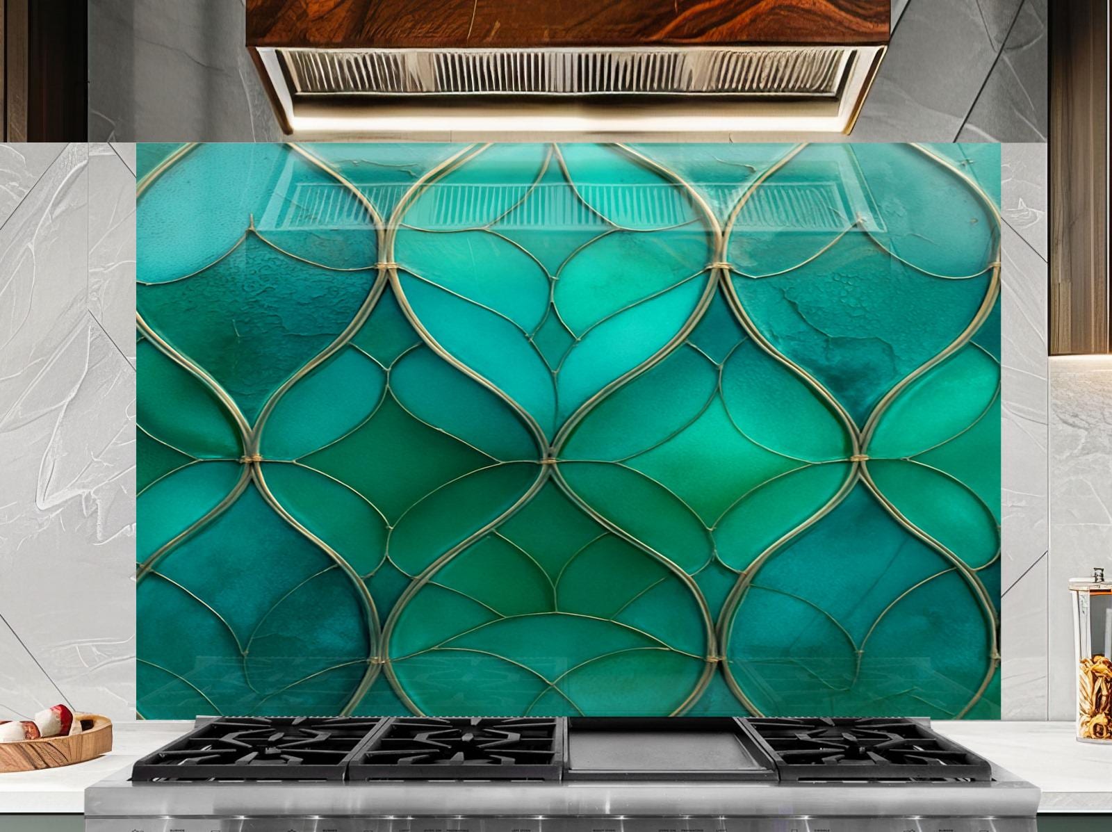 a stove top oven sitting under a glass tile backsplash