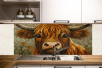 a cow painted on the side of a kitchen wall