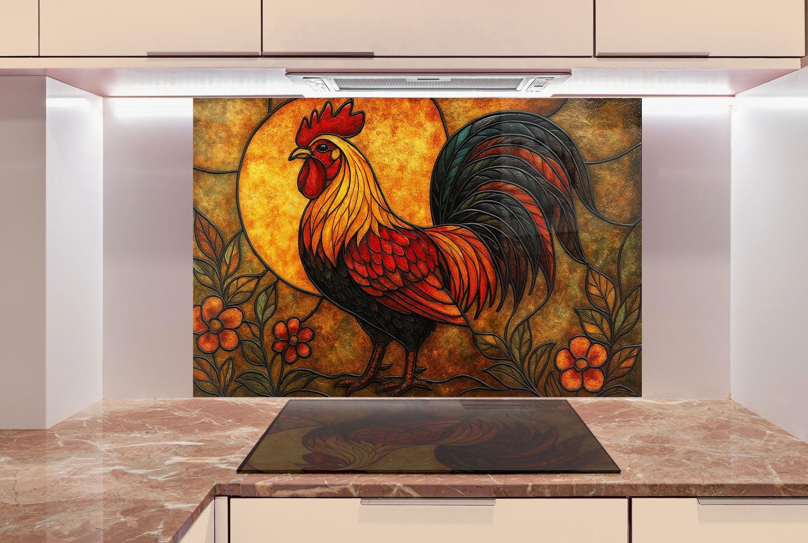 a painting of a rooster in a kitchen