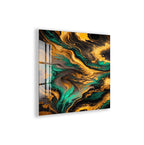 The image is a vibrant abstract painting with swirling patterns of green, black, and gold colors.