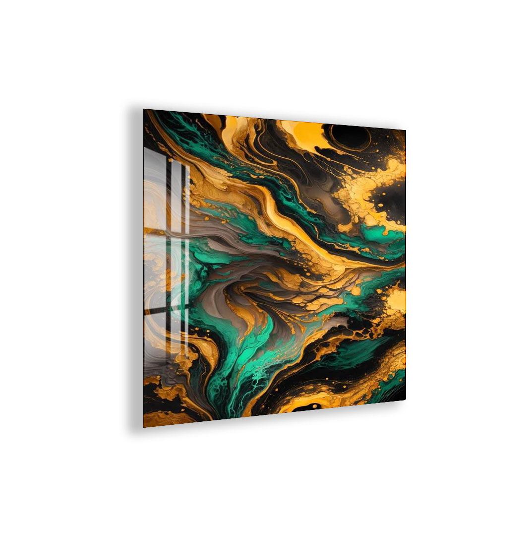 The image is a vibrant abstract painting with swirling patterns of green, black, and gold colors.