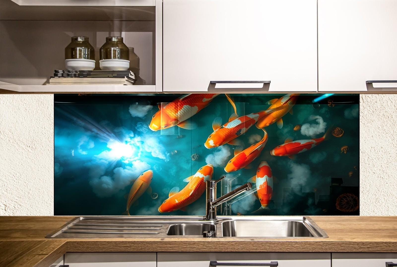 a kitchen with a sink and a painting on the wall