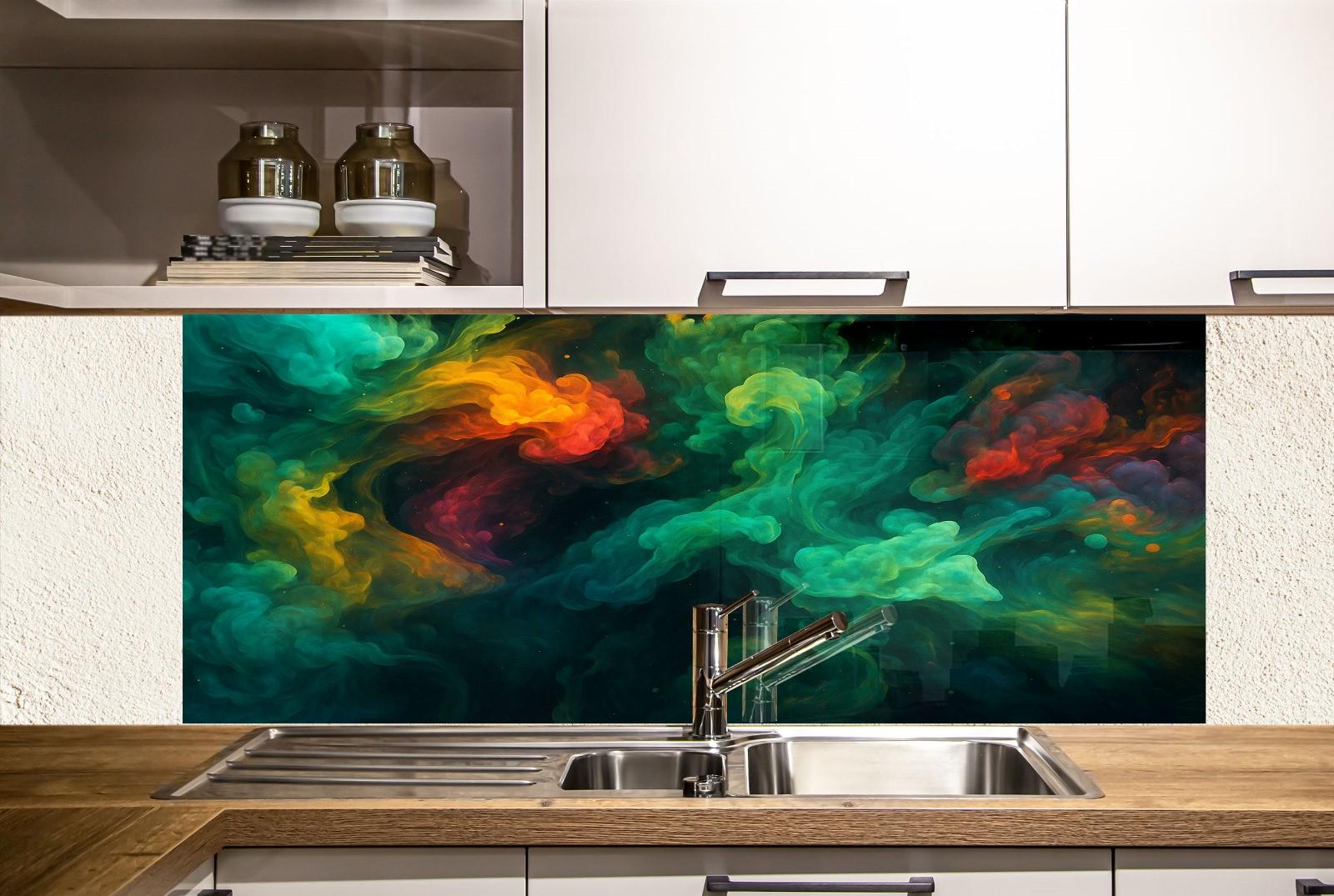 a kitchen with a sink and a painting on the wall