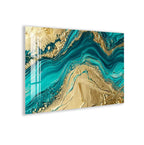 The image is a vibrant abstract artwork featuring swirling patterns of turquoise and gold hues. The artwork is composed of various shades of blue and gold, creating a dynamic and visually striking composition.