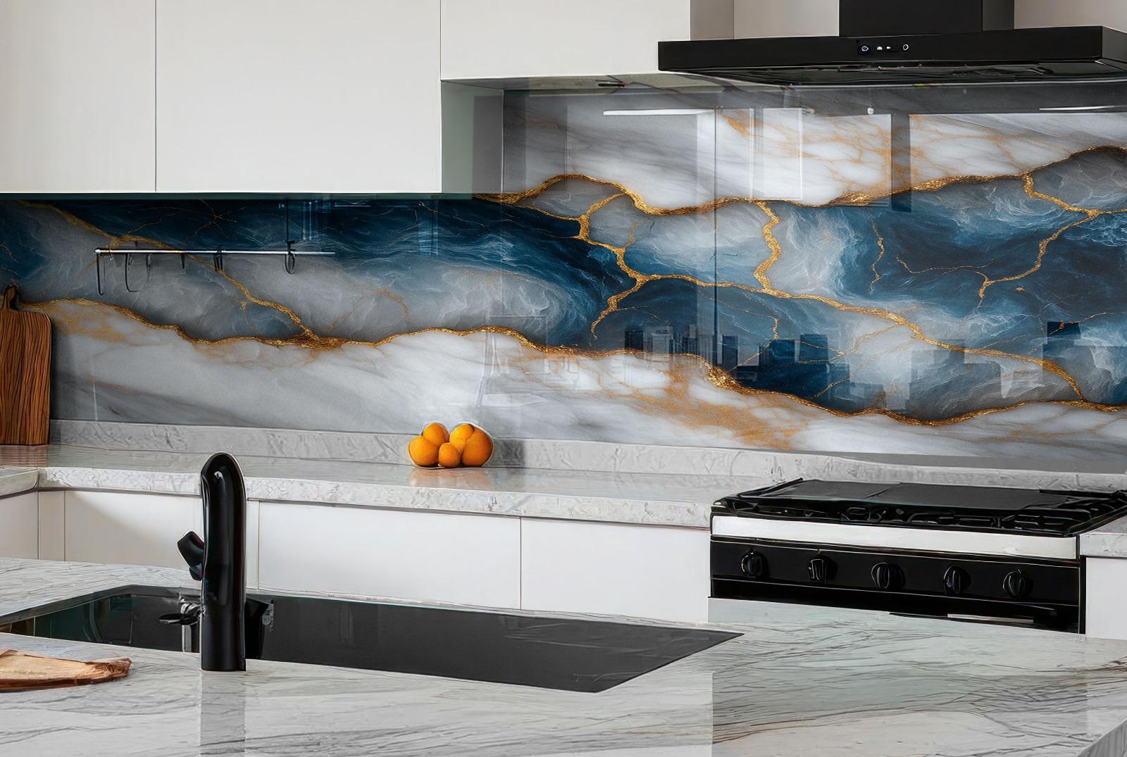a kitchen with marble counter tops and a marble backsplash
