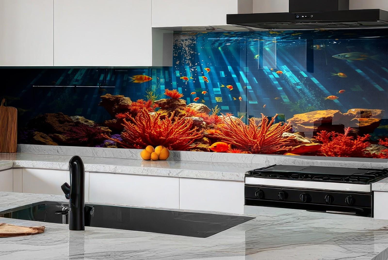 a fish tank in the middle of a kitchen