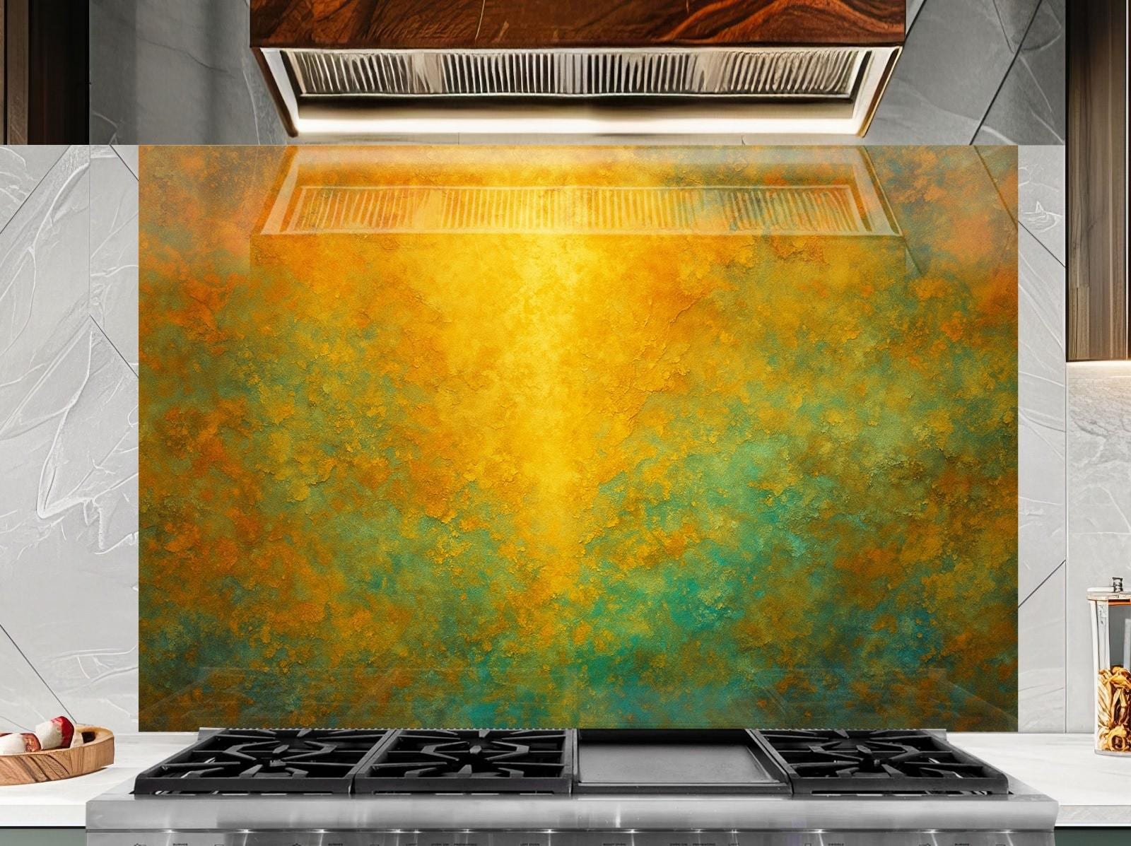 Abstract Art Tempered Glass Backsplash, Gold Black Swirl (Custom Size)