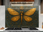 a large, detailed dragonfly design on a wall, with intricate patterns and textures.
