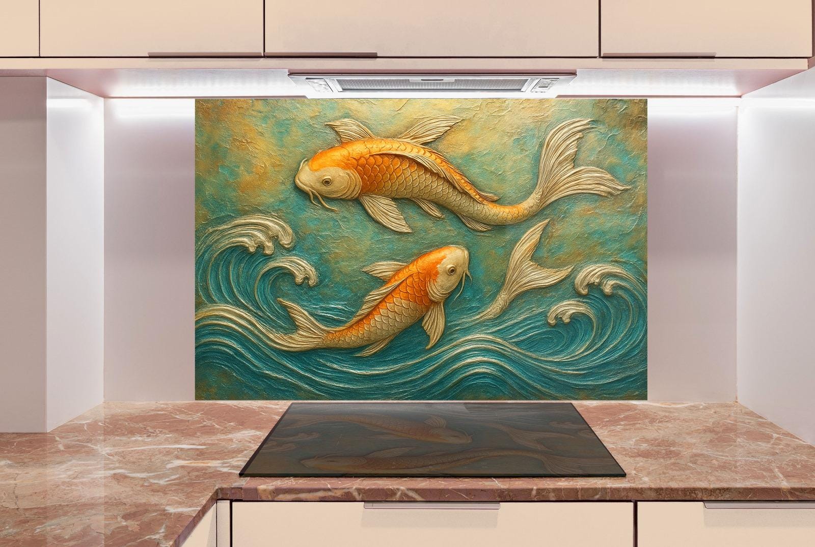 a painting of two gold fish on a green background