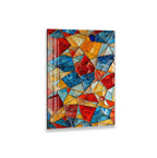 The image is a vibrant mosaic of colorful tiles, featuring a variety of geometric shapes and patterns in red, blue, yellow, and orange.