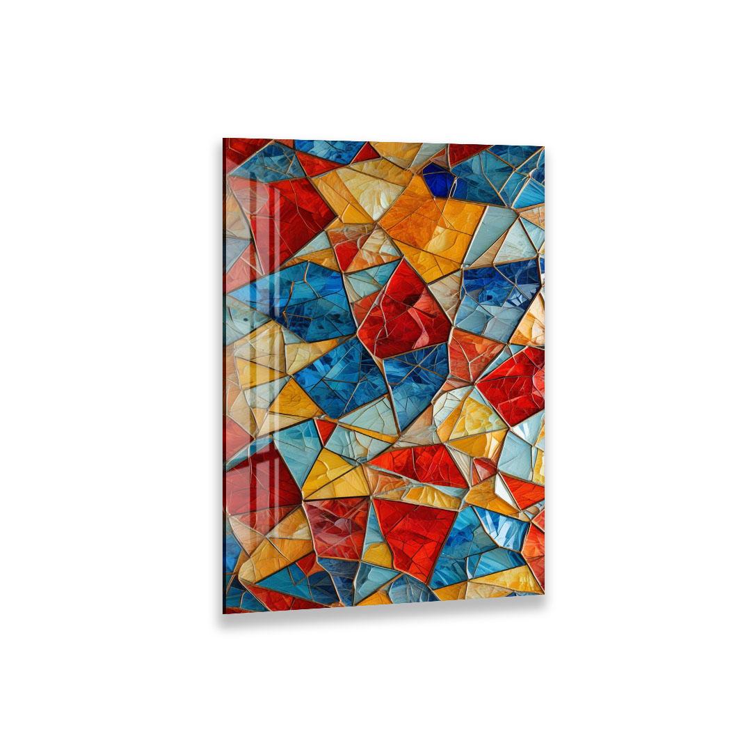 The image is a vibrant mosaic of colorful tiles, featuring a variety of geometric shapes and patterns in red, blue, yellow, and orange.