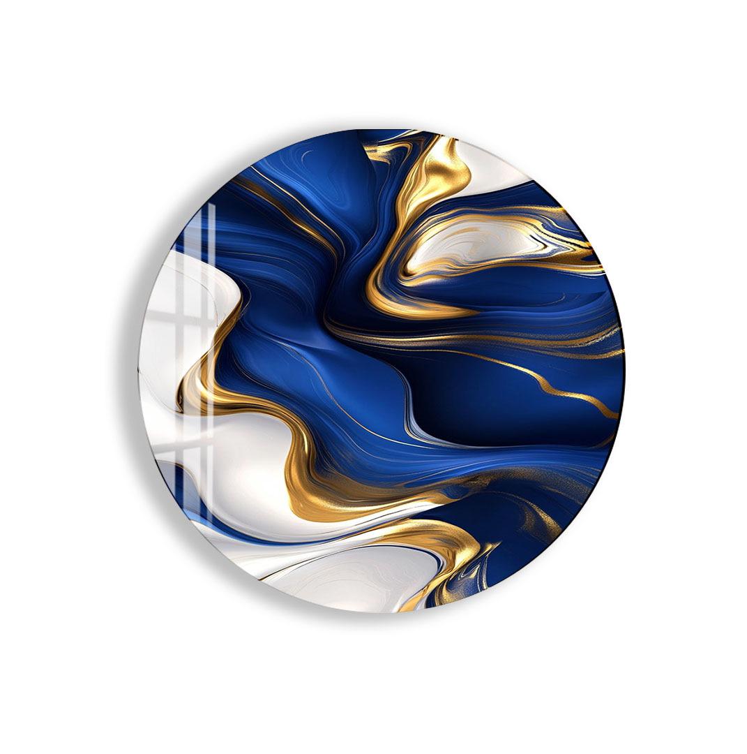 a circular design with swirling patterns of blue and gold colors.