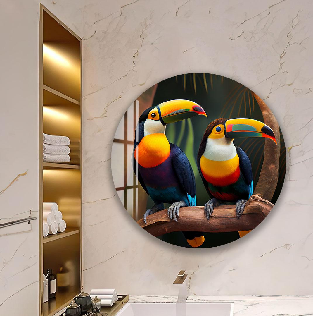 A large circular wall art depicting a sea turtle swimming in clear blue water.