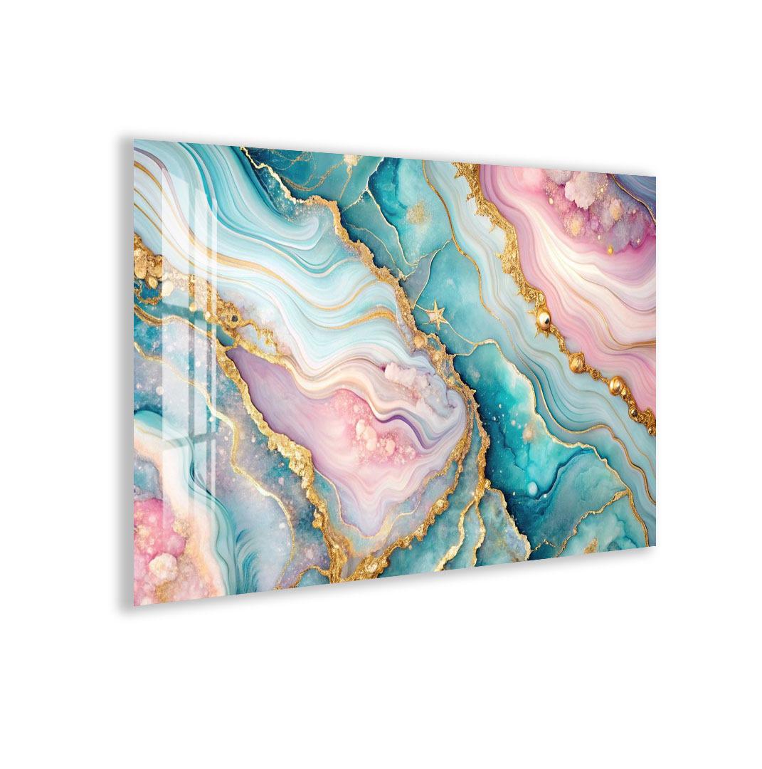 The image is a vibrant abstract artwork featuring swirling patterns in shades of blue, pink, and gold.