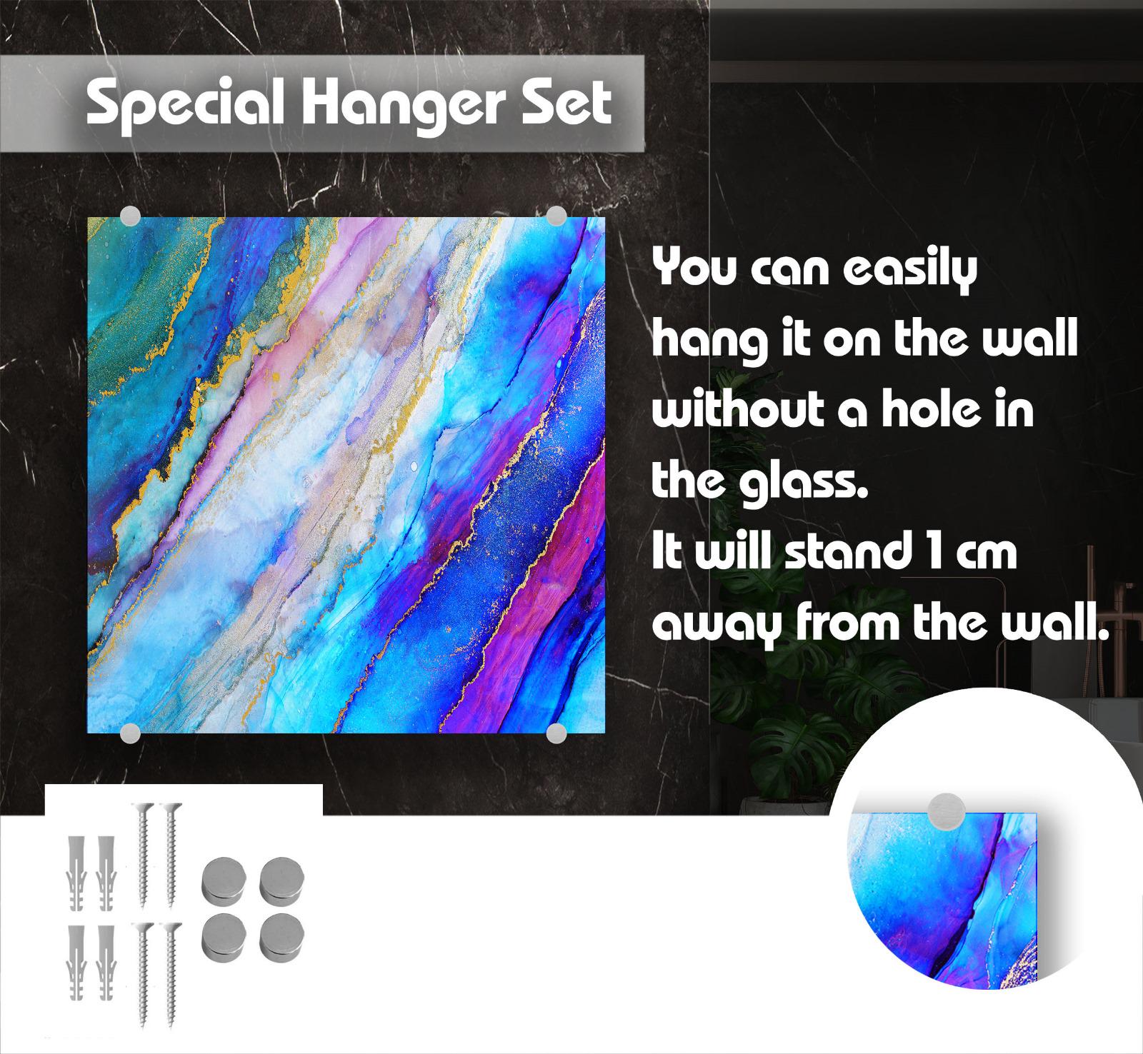 The image is a product advertisement for a special hanger set. It features a vibrant abstract painting with blue, purple, and pink colors, and it is described as a wall-mounted piece that can be easily hung without a hole in the glass. The product is designed to stand 1 meter (3.3 feet) away from the wall.
