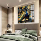 a bedroom with a large bed, a pendant light, and a framed photograph of a peacock on the wall.