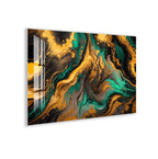 The image is a vibrant abstract painting with swirling patterns of green, black, and gold colors.